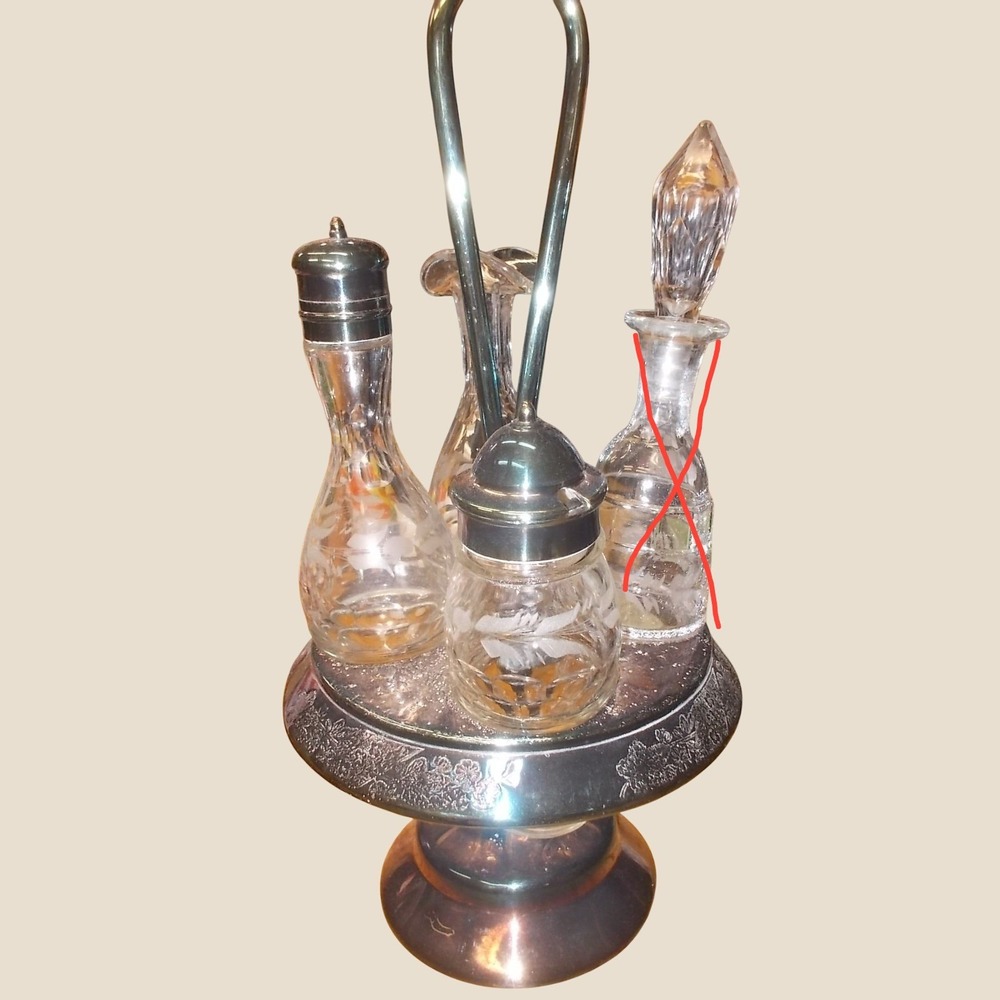 Vintage Silverplate Revolving Cruet Set Etched Glass Bottles Floral Stand